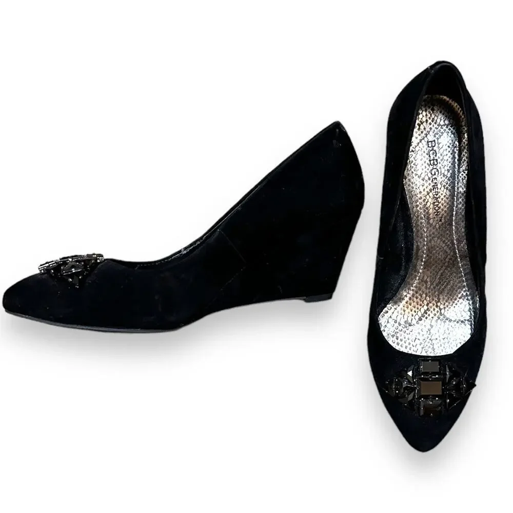 BCBGENERATION Jewel Embellished Wedge Velvet Pumps EUC